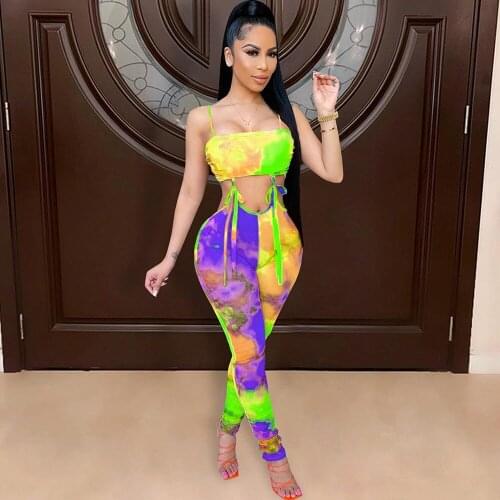 Rainbow Tie Dyeing Print Sexy Skinny Romper Women Spaghetti Strap Sleeveless Catsuit Streetwear Waist Band Cut Out Jumpsuits