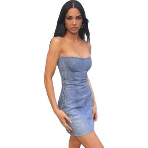 Sexy Mini Dress Summer Tube Top Styledresses Woman Summer 2021 Cowboy Stitching Strapless Dress Sexy Nightclub Skirts