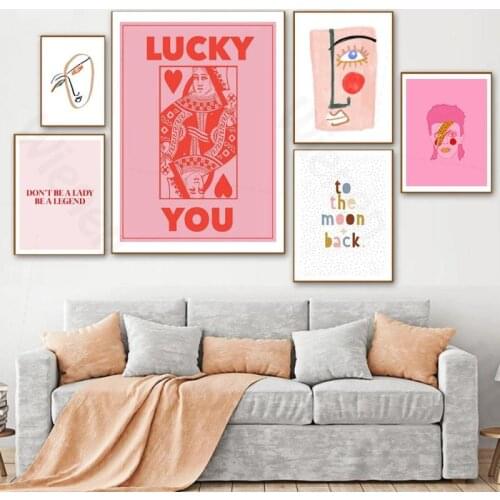 Nordic Abstract Poster Line Face Oil Painting Wall Art Pink Style Poker Lucky Picture Home Decoration for Living Room Bedroom