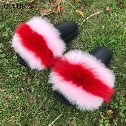 Summer Slides Womens Real Fox Fur Slippers New Colors Fluffy Fur Sliders Mixed Color Fashion Lady S6048E