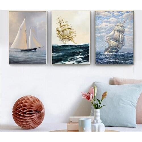 High quality canvas painting about ship sailboat vintage noridc poster wall pictures for living room kids room decoration