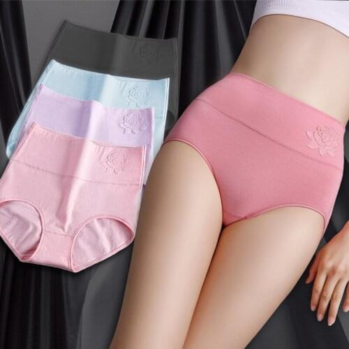 Women Cotton High waist Tummy Tuck briefs womens panties elastic soft Embossed Rose Ladies Breathable sexy underwear