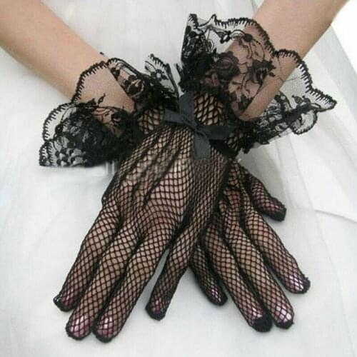 Women Lady Mesh Fishnet Gloves Sexy Lace Bowknot Wrist Summer Sunscreen Driving Evening Party Women Gloves Black White New 2021