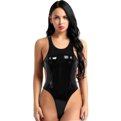 Womens sexy suit swimsuit sexy tight-fitting patent leather mirror PU leather sleeveless backless high-cut tank motorcycle suit