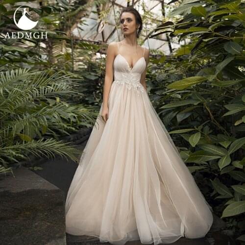 Aedmgh A-Line Beach Wedding Dresses 2021 Sweetheart Spaghetti Straps Vestido De Novia Appliques Backless Boho Simple Bride Dress