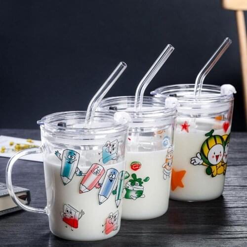 350ml Pencil Luck Watermelon Double Wall Water Tea Milk Glass Cup Mug with Straw Glass Mugs Double Wall Glass Mug Drinkware