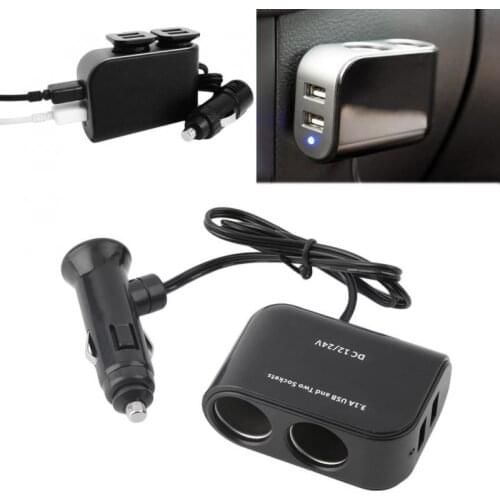 In-car PDA Power Supply 2 USB Ports & 2 Sockets Splitter 12V/24V Car Charger Cigarette Lighter