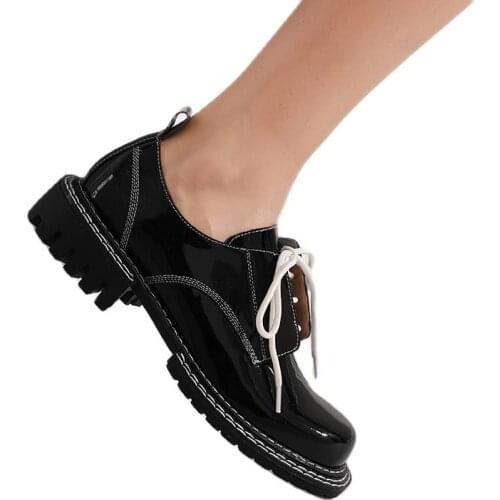 Osunlina Brand Womans Flats Low Square Heels Elegant Round Toe White Cow Patent Leather Handmade Lady Casual Shoes Lady A335