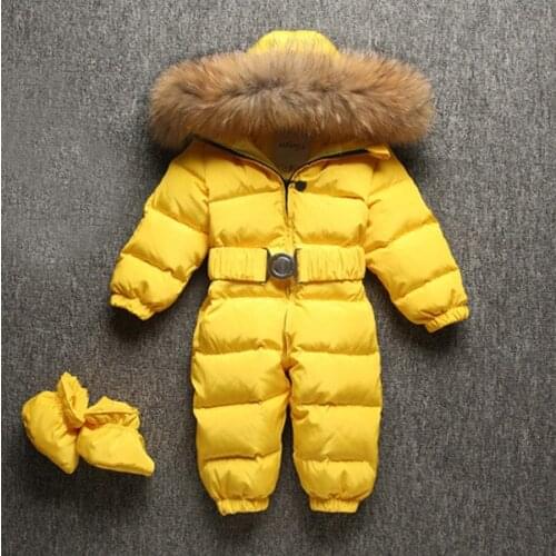 Childrens down jumpsuit baby out dress boy and girl climb real fur collar Send shoes