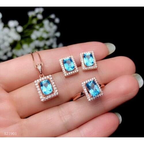 KJJEAXCMY exquisite jewelry 925 Silver-inlaid Natural Blue Topaz Womans Earrings and Ring Set Support Detection