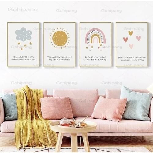 Canvas Painting Cartoon Watercolor Love Sun Cloud Rainbow Childrens Room Home Decoration Prints Canvas Dining Room Wall Decor