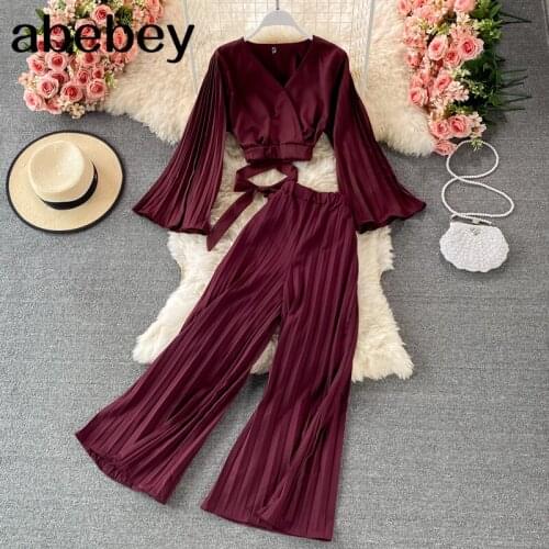 2021 New Summer Fashion Versatile V-neck flared sleeve Shirt Top + pleated casual wide leg Pants two piece set