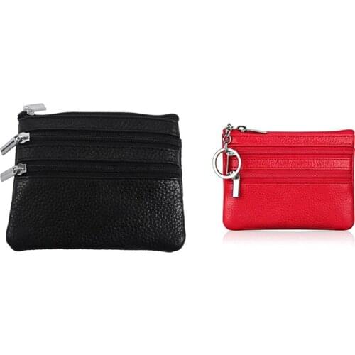 2 Pcs Leather Change Coin Purse with 4 Pockets and Keychain for Women Black & Red