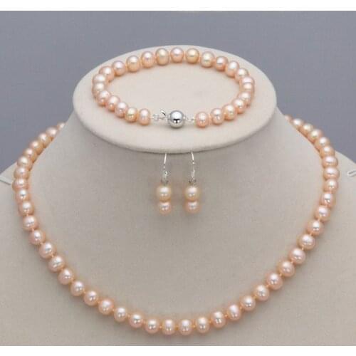 Beautiful 7-8mm Natural Akoya Freshwater Pearl Necklace Bracelet Earrings pink