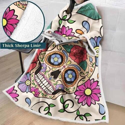 Lannidaa 3D Printed Sugar Skull And Floral Blanket For Adults Children Thick Plush Warm Wearable Soft Throw Blanket With Sleeves