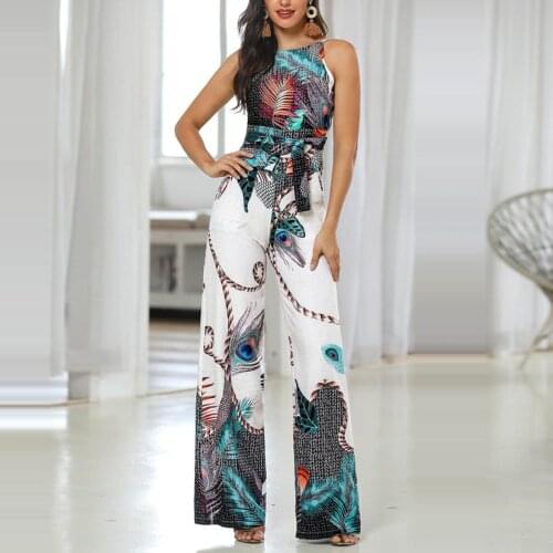 Summer Womens Fashion Casual Sleeveless Peacock Feather Printed Jumpsuit Party Club Backless Long Pants Trousers Playsuit#g3