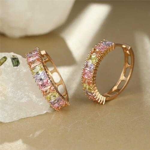 Boho Gold Color Small Round Earrings Rainbow Square Zircon Hoop Earrings Female Luxury Crystal Hollow Earrings For Women Jewelry