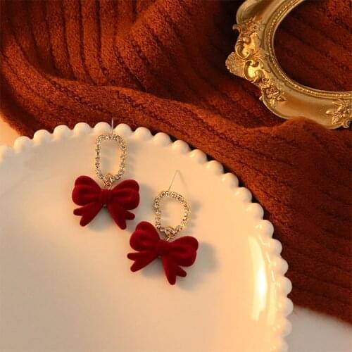 Fashion S925 Retro Geometric Wine Red Velvet Bow New Earrings Christmas Sweet Earrings Female Tide