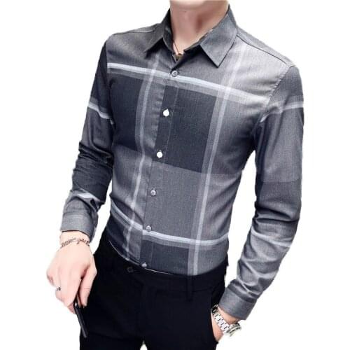 Mens Shirt Spring 2021 High Quality Printed Plaid Long Sleeve Lapel Slim Casual Fashion Mens Clothing Top Wrinkle-Free Shirt