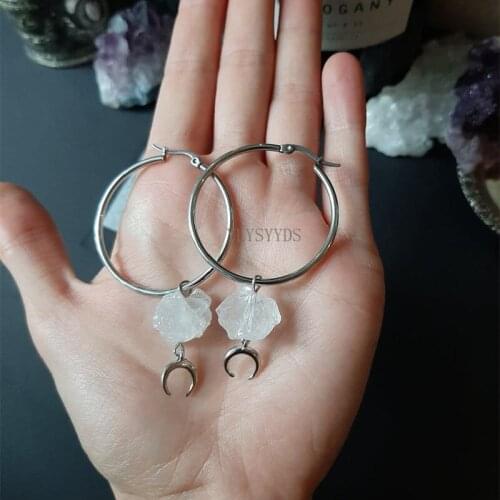 Goth Raw Quartz Moon Charm Hoops Boho Crystal Alternative Minimal Romantic Boho Jewelry Witchy Gift Gothic Stones Women Gift New