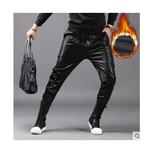Autumn winter personality fashion korean pu pants mens feet trousers stage faux leather harem pants for men pantalon homme black