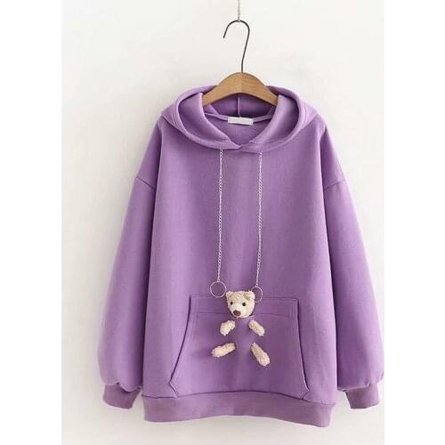 Autumn Winter Womens Preppy Style Sweet Pocket Bear Doll Solid Color Hooded Pull Ring Plus Velvet Hoodies Sweatshirt 2010019
