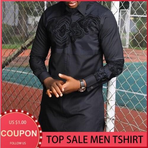 Black Shirt Men African Style Slim Fit Long Robe Male Clothing 2021 Spring Summer Ethnic Dashiki Mens Long Shirt Plus Size 3XL