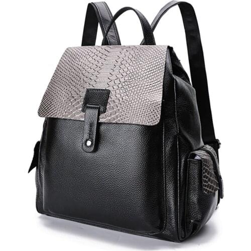 100% Genuine Leather Knapsack Ladies Crocodile Pattern Women Backpack Girl Notebook Schoolbags Travel Bags High Quality Rucksack