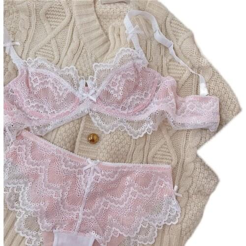 Sexy lace ultra-thin intimates sexy big breasted underwear female temptation large size thin bralette push up bra panty set