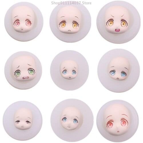 9Pcs/Set Q Face Silicone Face Mold Ultra-Light Clay Soft Ceramic Fondant Mould DIY Anime Face Universal Doll Face Model XJ92