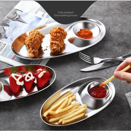 Stainless Steel Snack Plate Grid Plate Oval Plate Sauce Plate Western Food French Fries Fried Chicken Dim Sum Plate Kitchen Tool