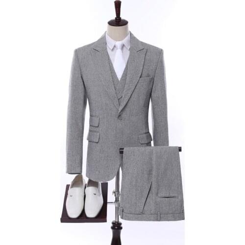 TPSAADE Mens Suits Groomsmen Grey One Button Jacket Men Suits Formal Dinner Business Blazers 3 Pieces (Jacket + Pants + Vest)