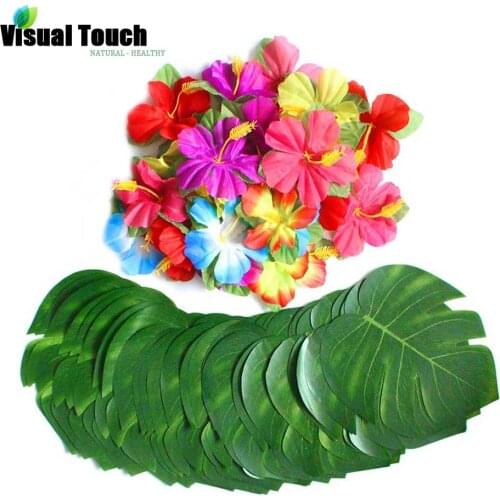 Visual Touch 12pcs Set Leaves+Flowers Hawaii Simulation Leaf Tropical Party Decoration Supplies Plant Palm Jungle Wedding Gift