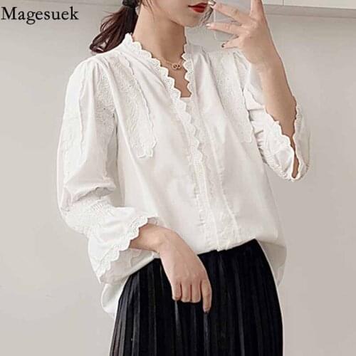 Flare Sleeve Cotton Loose Women 2020 Autumn Slim Blouse Women Shirt Floral V Neck Sweet White Womens Blouses Tops Blusas 10321