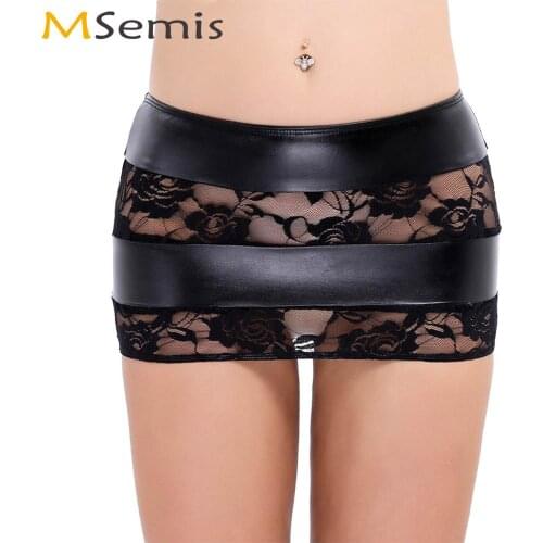 Women Erotic Bodycon Booty Skirt Faux Leather Lace Splice Striped Skirts Clubwear Pole Dance Pencil Miniskirt Party Rave Costume