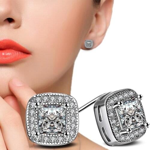 Fashion 925 sterling silver Eternity square Cut Clear CZ Zirconia Square Small Stud Earrings for Women Earrings Jewelry