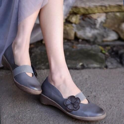 Artmu Original New Womens Shoes Flower Shallow Mouth Genuine Leather Retro Wedges Heels Comfortable Handmade Pumps 952-7