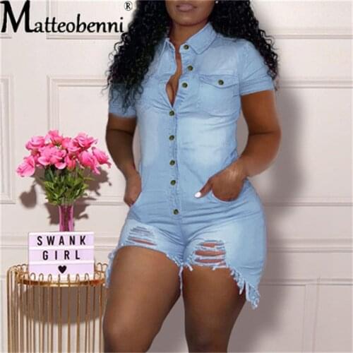 2021 Spring Summer Women Streetwear Denim Jumpsuits Plus Size New Turn-Down Collar Single-Breasted Short Sleeve Skinny Rompers