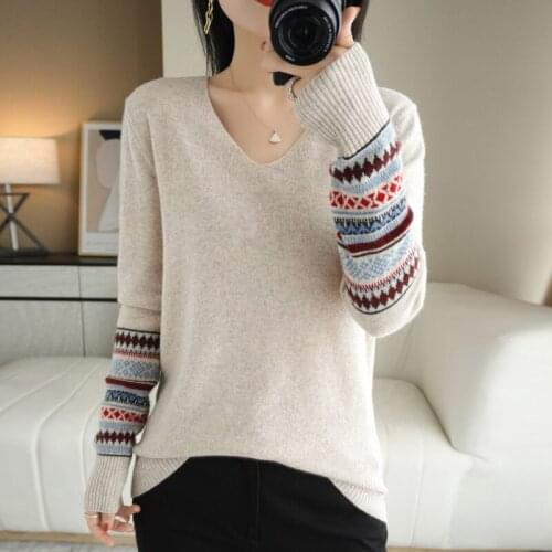 2021 autumn winter new cashmere sweater womens V-neck color matching sleeve Pullover Sweater loose and versatile 100 pure wool