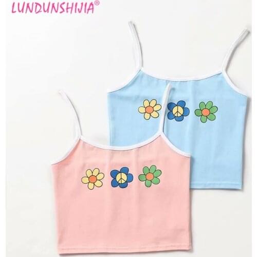 LUNDUNSHIJIA 2019 Summer Europe Cute Flowers Printed Camisole Top Cropped Feminino Women Bustier Slim Short Sexy Tube Tops
