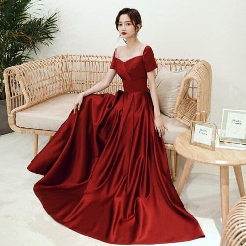 Women Burgundy Square Neck Wedding Dresses Elegant Short Sleeve Satin Evening Gowns Toast Clothing Robe De Soiree