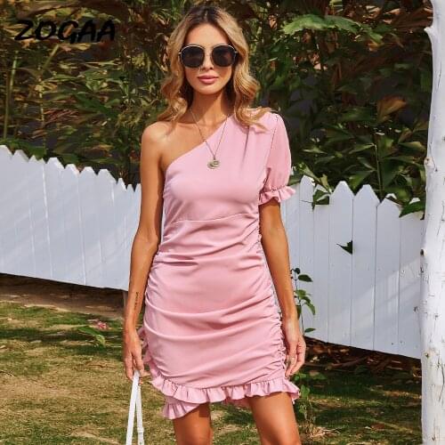 ZOGAA Dresses Women Summer New Slim Fashion Sexy Slant Collar Strapless Ruffle Knee-Length One-Shoulder A-LINE Trendy Hot Chic