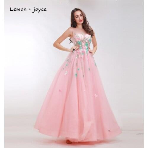 Lemonjoyce Pink Prom Dresses Long 2020 Elegant O-neck Appliques See-through Sexy Backless Evening Party Gowns Plus Size
