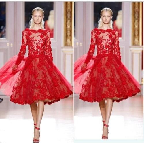 Muslim Elegant Red Lace Cap Long Sleeve Vestido De Festa High Quality Tea-Length Vintage A-Line Party Gowns Celebrity Dresses