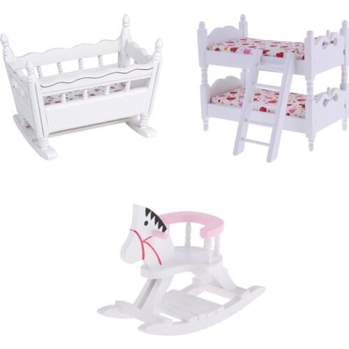 1/12 Dollhouse Bedroom Furniture Wooden Bunk Bed +Nursery Cradle +Cockhorse