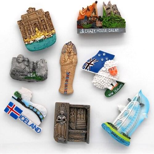3D refrigerator World tourism souvenirs fridge magnets Dubai sailing Hotel Cambodia Iceland Rome Egypt America Vietnam Italian
