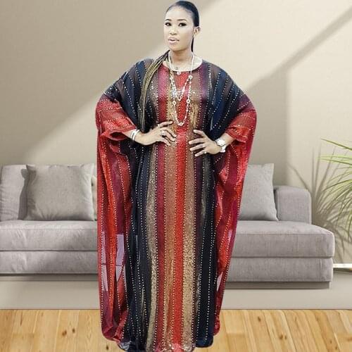 Africa Dresses Women 2021 Abayas Long Robe Stripe Print O-neck Batwing Sleeve Ankara Party Outfits Boubou Africain Femme Fashion