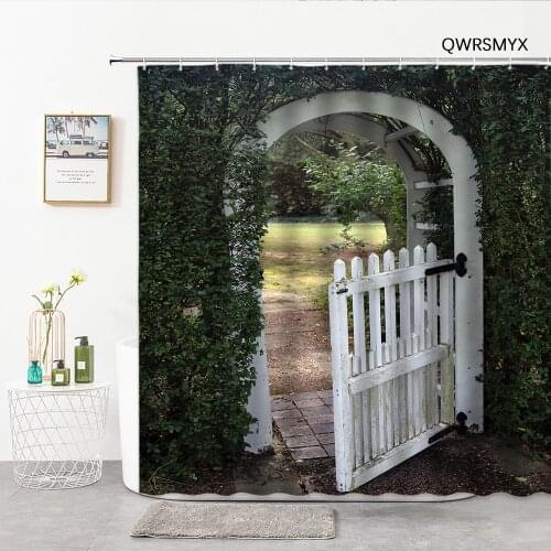 White Garden Fence Gate 3D Bathroom Curtain Green Creeper Landscape Shower Curtains Washable Home Decor Wall Bathroom Products
