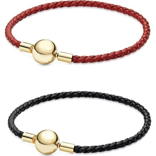 2019 NEW 100% 925 Sterling Silver Moments Red Black Woven Leather Bracelet Fit Charm Women Original Fashion Gift Jewelry