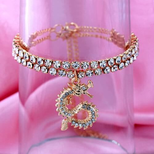 New Bling Dragon Crystal Tennis Chain Anklet for Women Fashion Gold Silver Color Rhinestone Anklet Foot Chain Jewelry Wholesale
